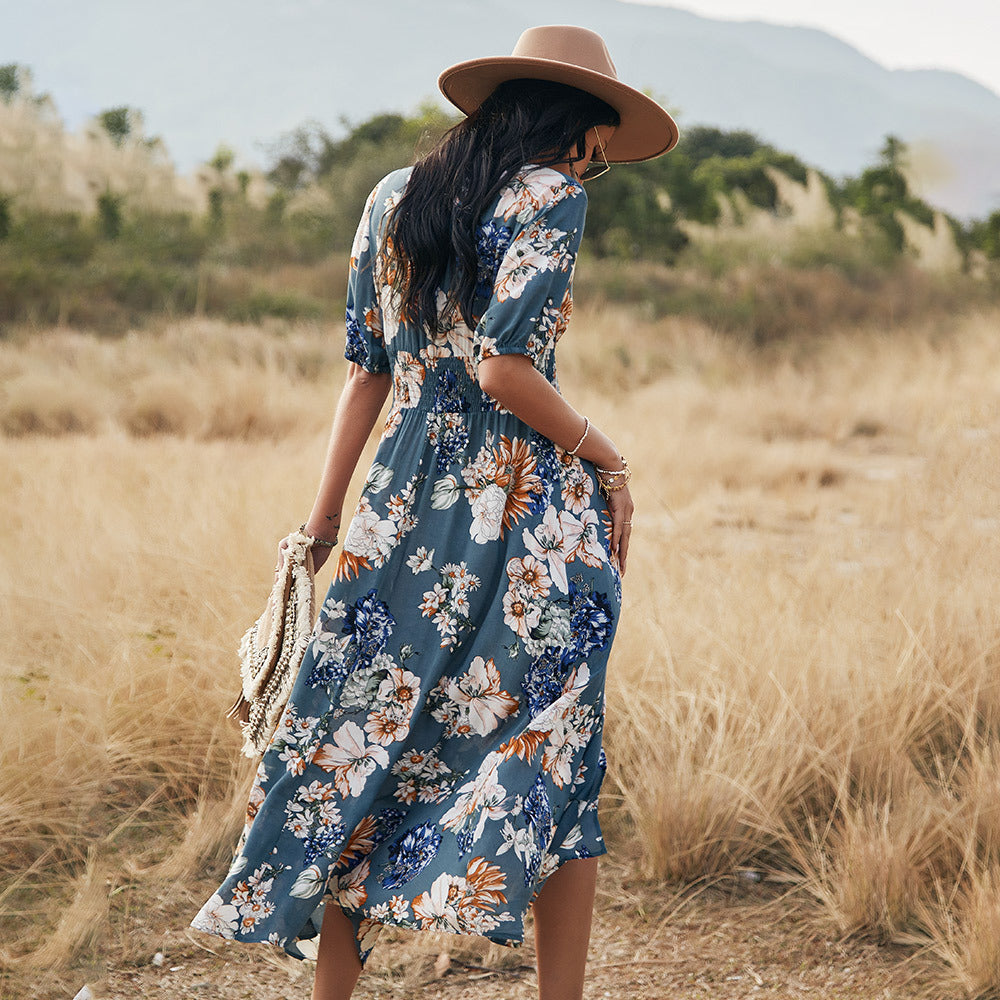 Women's Floral V-Neck Beach Dress – Elastic Waist Summer Maxi Dress with Lightweight Fabric